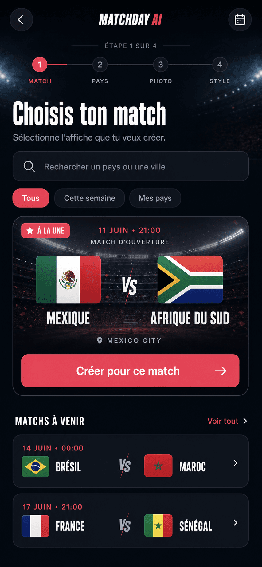 Aperçu du choix de match MatchDay AI