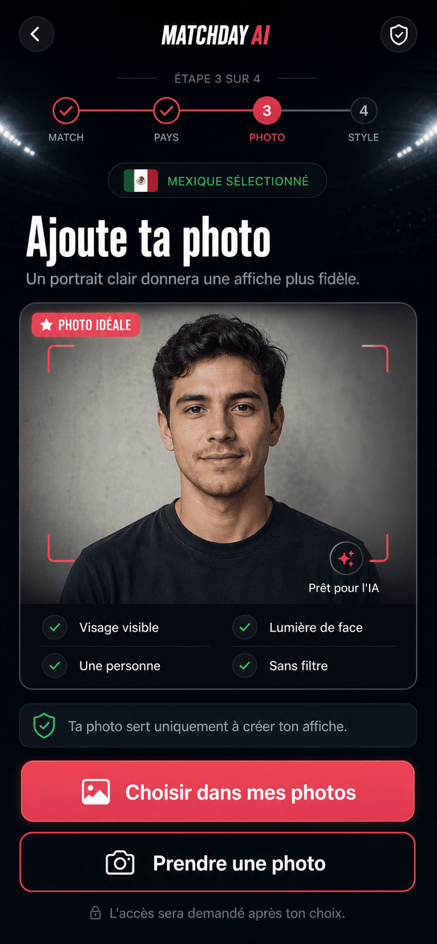 Aperçu de l'ajout photo MatchDay AI